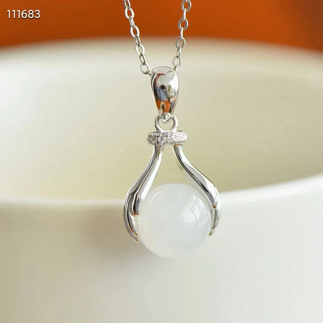 

Natural 100% real Sterling Silver necklace mosaic hetian jade round beads pendant jewellery for woman gifts Bless peace
