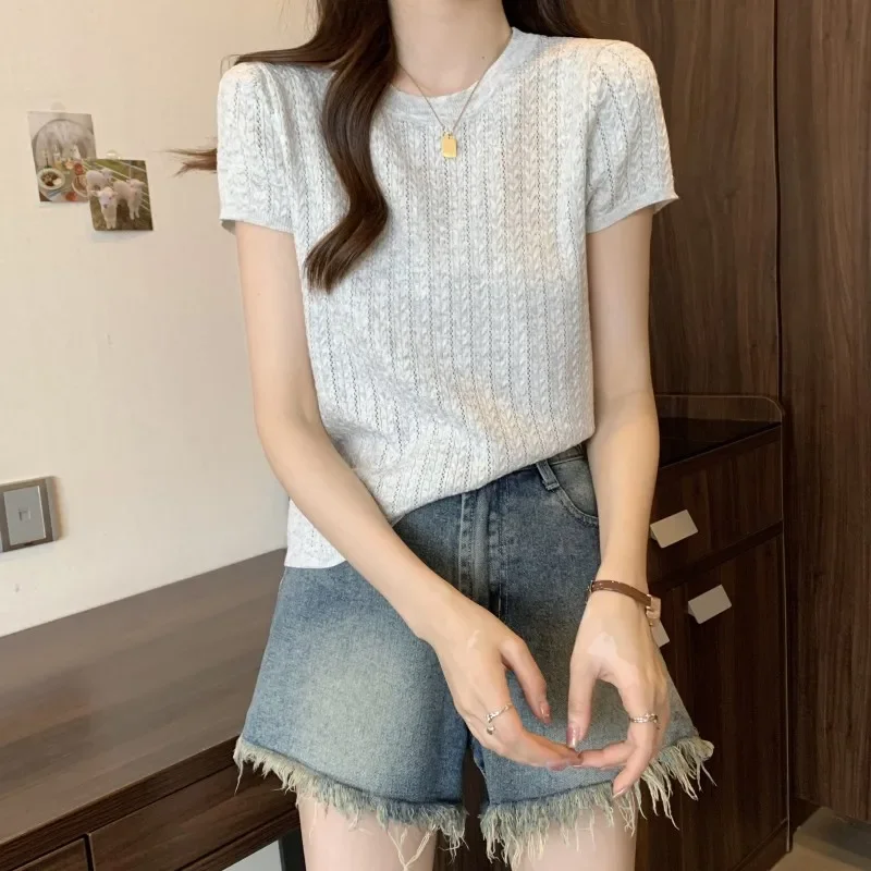 Новинка лета 2024 женская одежда трикотажный топ с коротким рукавом и круглым