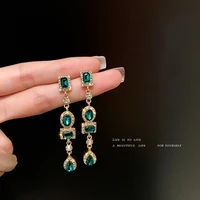 925 silver needle geometric diamond inlaid green french retro light luxury palace style long style temperament earring for women