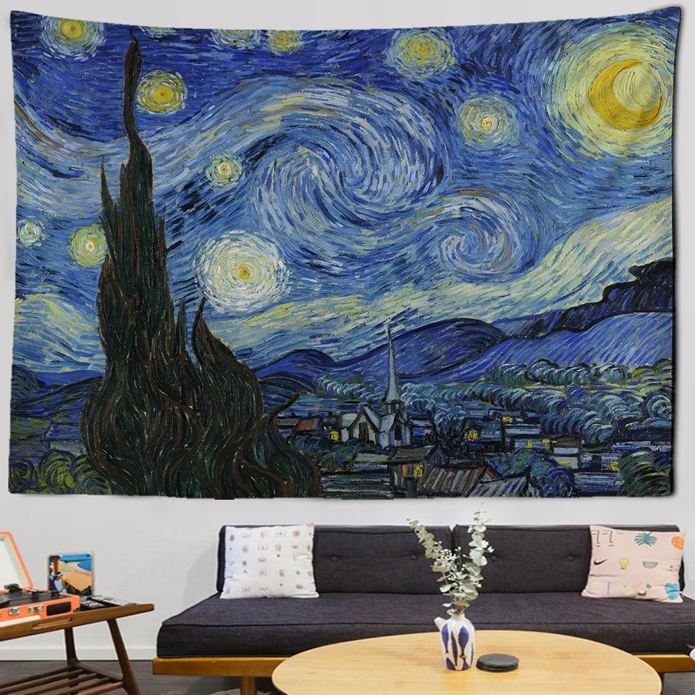 

Гобелен знаменитый с принтом Ван Гога, одеяло, настенный подвесной гобелен со звездами, луной, ночью, декоративное одеяло, ткань для спальни 200x150 см, большой