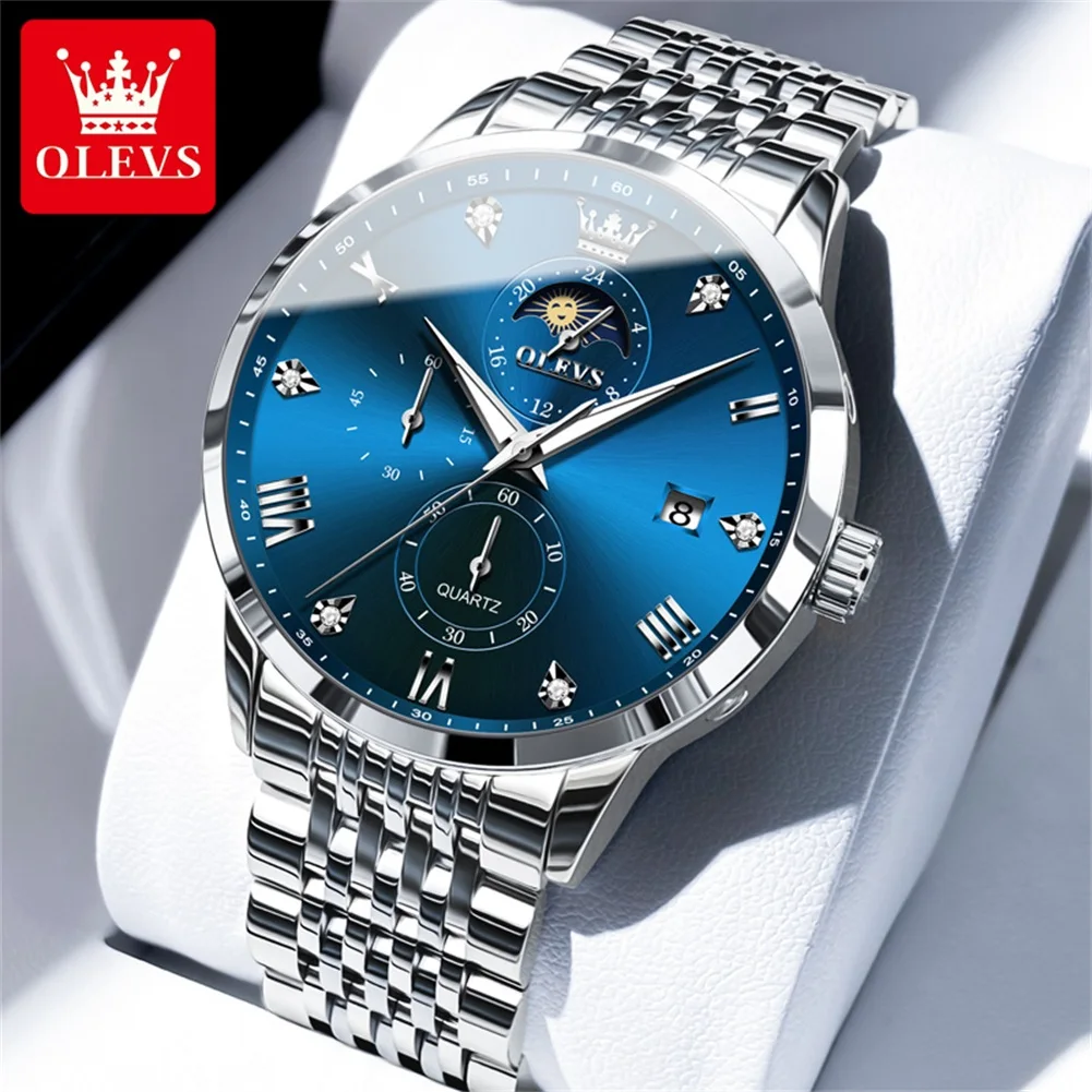 Мужские водонепроницаемые кварцевые часы с хронографом и Луной