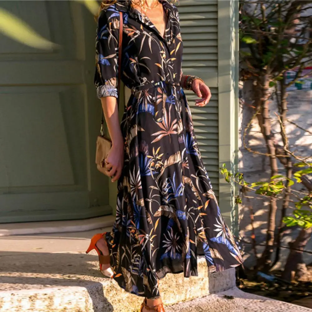 

Trendy Autumn Dress Turn-down Collar Mid-calf Length Lady Fall Dress Comfortable Autumn Dress