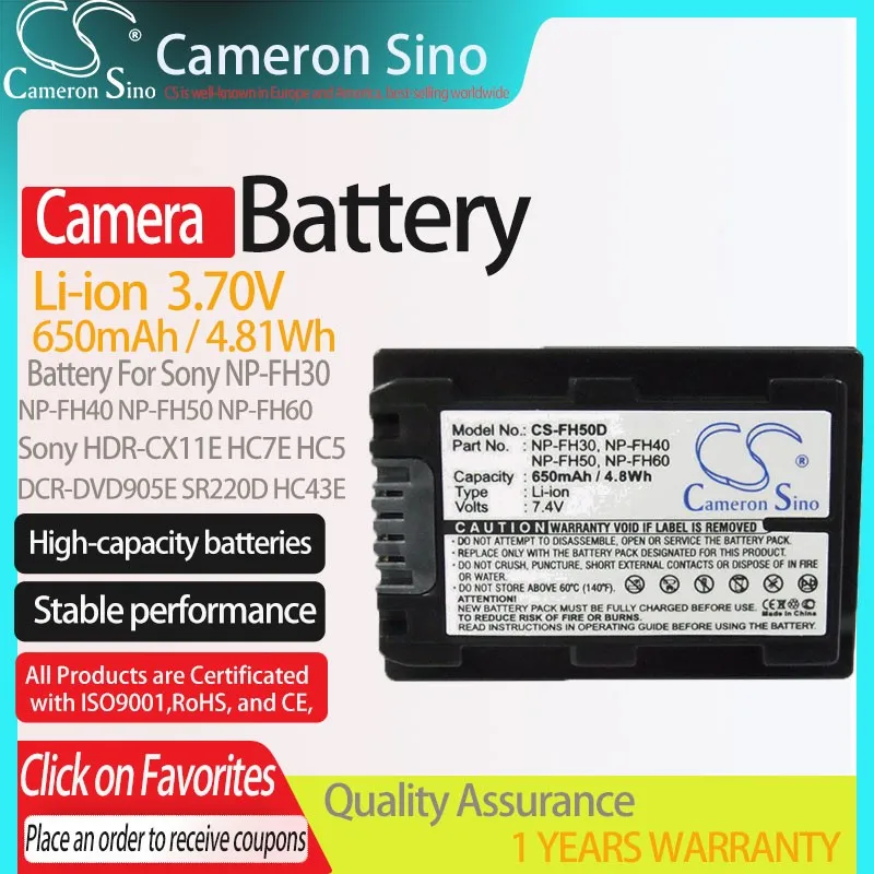 

CS Battery for Sony HDR-HC7E CX11E HC5 CX7 DCR-HC47 SR220D HC30 HC43E HC62E fits NP-FH30 FH40 FH50 FH60 Camera Battery