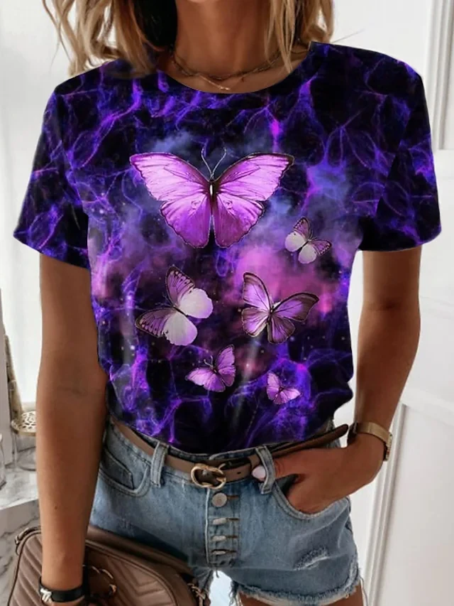 

Summer New Street Casual Short-sleeved Butterfly Print Fashion Women's Round Neck Slim Fit Comfortable T-shirt XS-8XL