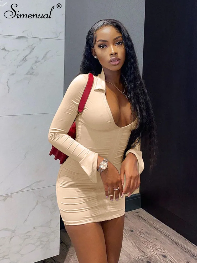 

Ruched V Neck Turn Down Collar Skinny Dress Long Sleeve Fall Spring Sexy Clubwear Birthday Outfit Women Mini Dresses