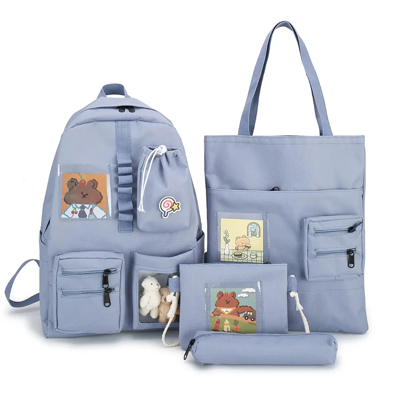 4 Pcs Set Harajuku Women Laptop Backpack Canvas School Bags For Teenage Girls Kawaii College Student Kids Book Bag Rucksack 2022