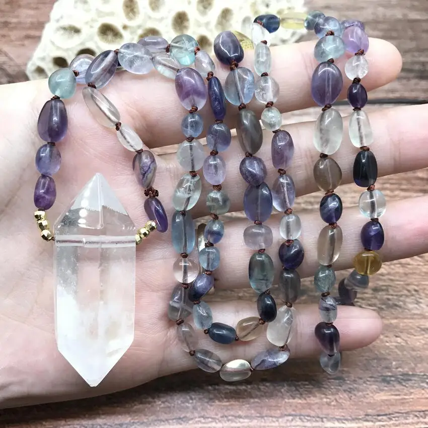 

Rainbow Fluorite Bead Yoga Mala Prayer Necklaces White Quartz Crystal Double Point Pendant Knotted Handmade Women Jewelry,QC0155