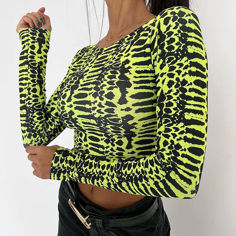 

Sexy O-neck Snake Print Cropped Top Women Long Sleeve Tank Top Slim Primer Harajuku Crop Tank Top T Shirt Female Girls Camis Top