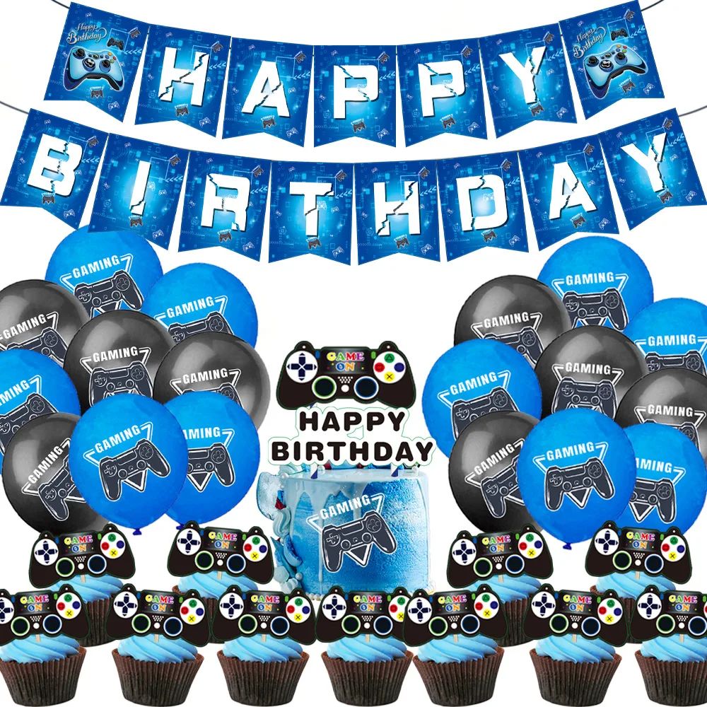 

Electronic Blue Game Theme Disposable Party Decoration Banner Spiral Cake Insert Air Ball Set Kids Birthday Decorations