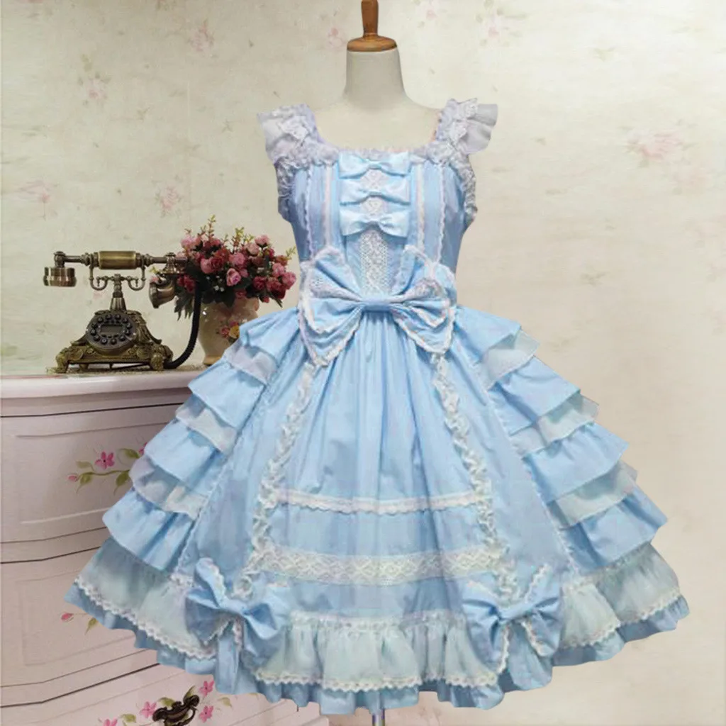 

Fashion Women Vintage Gothic Bow Lace Flounce Long Sleeve Patchwork Dress Woman Tan Dress