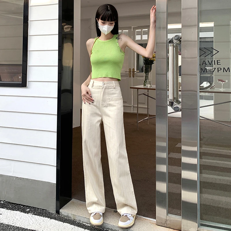 Jeans Women's 2023 New Long Pants Autumn and Winter High Street Stripes Off White Wide Leg Pants Versatile Straight Fit