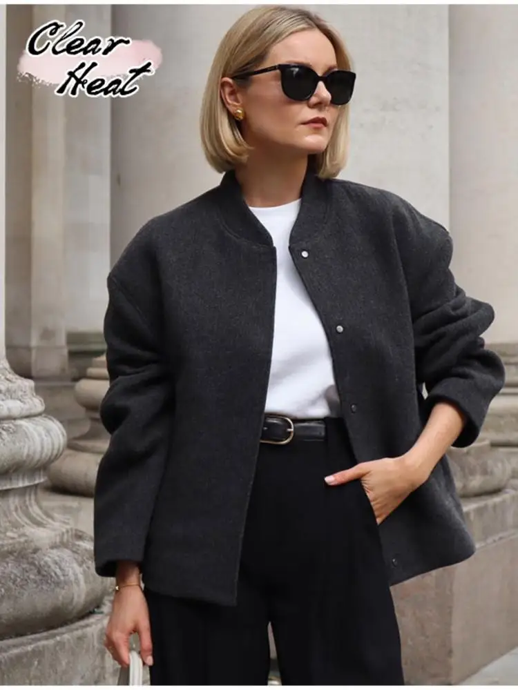 

Solid Wool Blend Casual Coat For Women Loose Standing Collar Long Sleeve Thick Coats Female Fashion Elegant Street Short Jacket