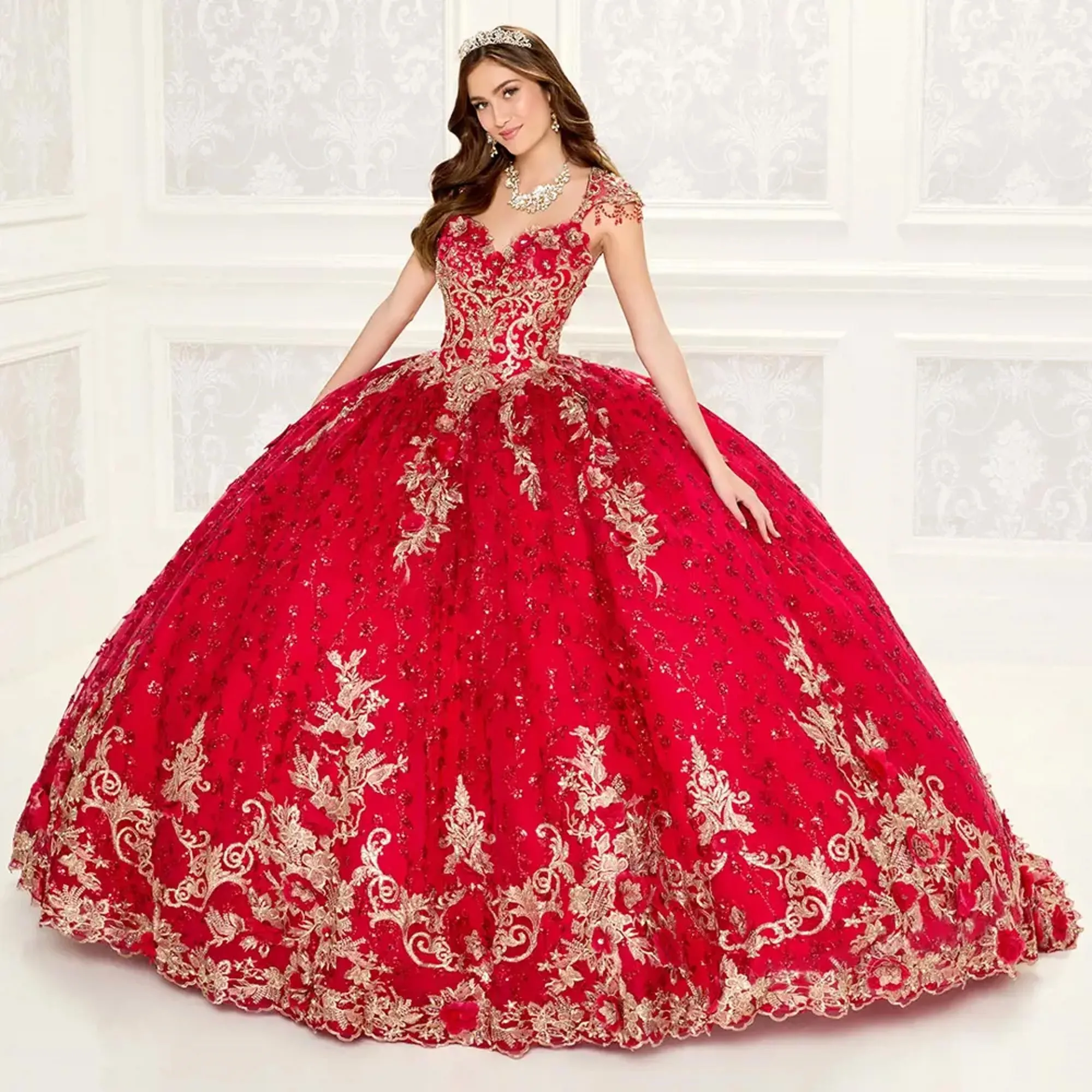 

Red Charro Quinceanera Dresses Ball Gown Cap Sleeves Appliques Lace Beaded Puffy Mexican Sweet 16 Dresses 15 Anos