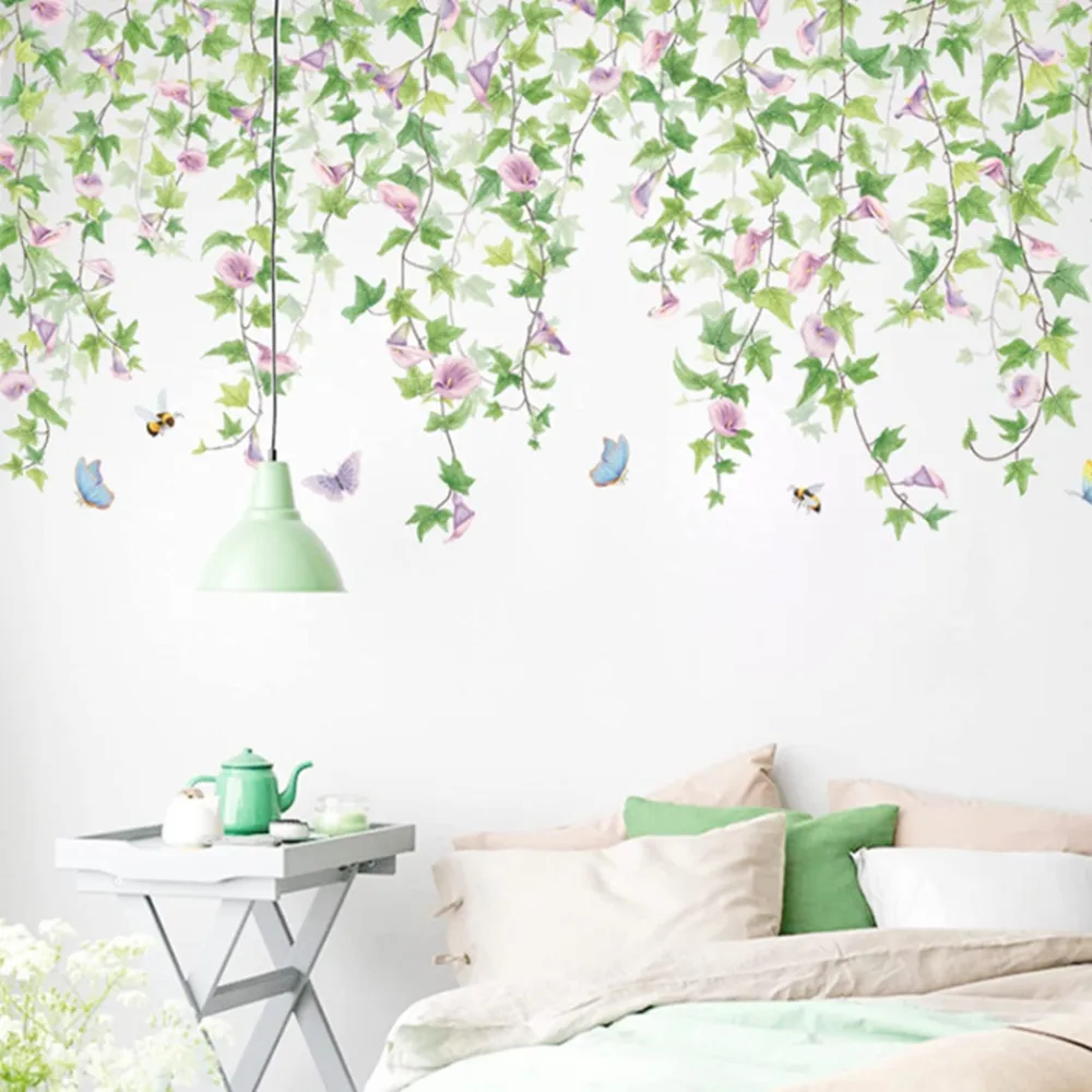 

Morning Glory Rattan Wall Stickers Removable Vine Branches Green Plant Leaves Flower Wallpaper Decal DIY Mural