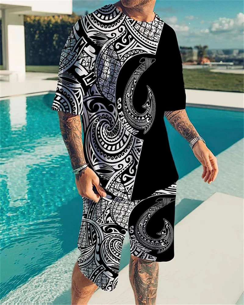Tracksuit Suit Summer Man Hawaii Short Sleeve T-Shirt 2-Piece Set  3D Fish Hooks Jogger Outfit Fashion Street Pant Set