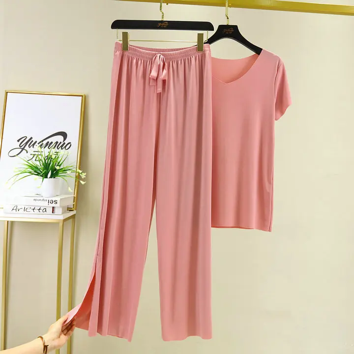

Women's Summer Simple Loose Ice Silk V-Neck Short Sleeve Tops with Wide Leg Pants 2 Piece Set Pijamas Femininos De Inverno