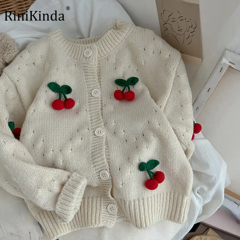

RiniKinda 2022 Autumn Girls Knit Cardigan Jacket Patchwork O Neck Children Girls Baby Sweater Infant Jacket Princess Sweater