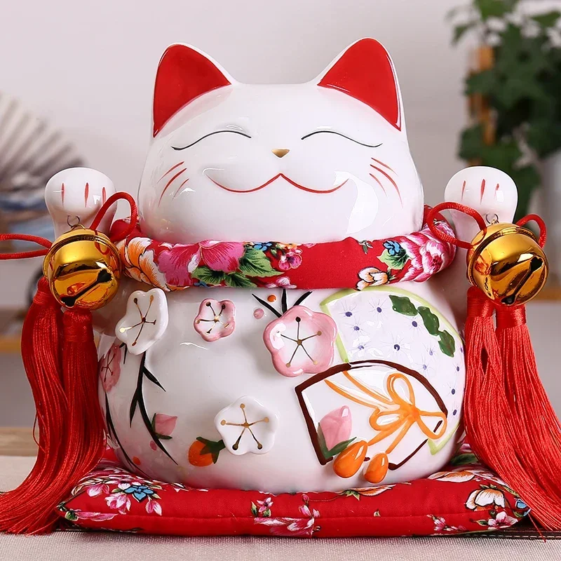 10-дюймовая красная керамическая копилка Manaki Neko Feng Shui Decor Lucky Cat Beckoning