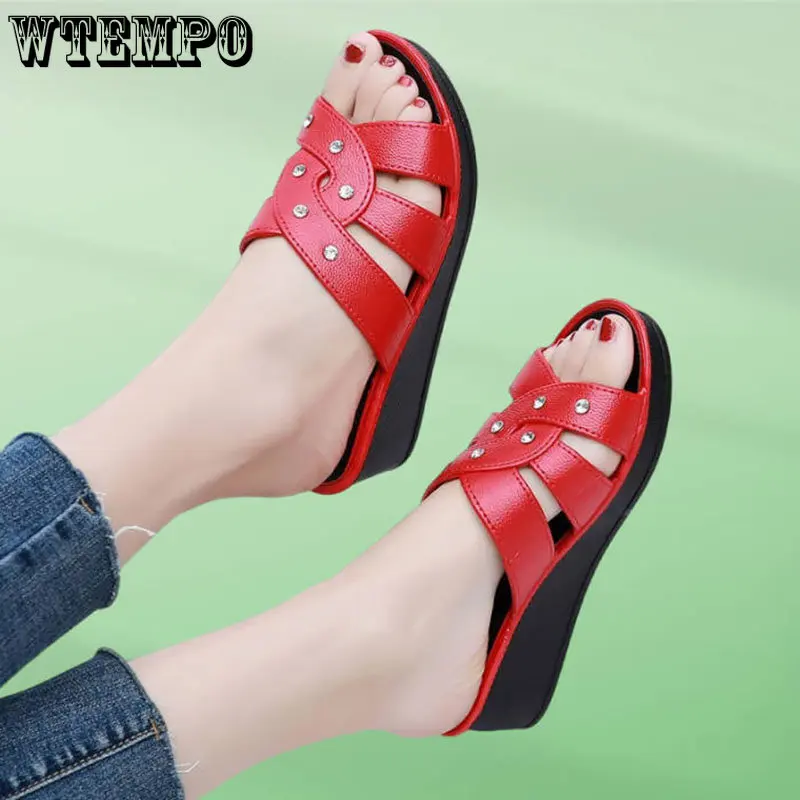

WTEMPO Women's High Heel Slippers Summer Thick Bottom Fashion Non-Slip Mother Shoes Soft Social Wedge Sandals Wholesale