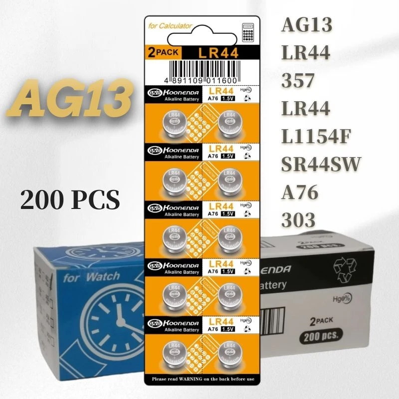AG13 200Pcs 1.55V Batteries LR44  357A  A76  L1154 Coin Cell Battery 1.5V AG13 for Watch Remote Remote control