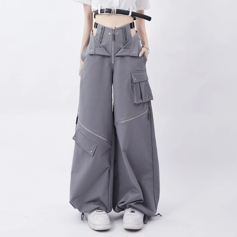 

Grey Cargo pants female summer casual original retro multi zip pocket two wear design drawstring casual oversized trousers women