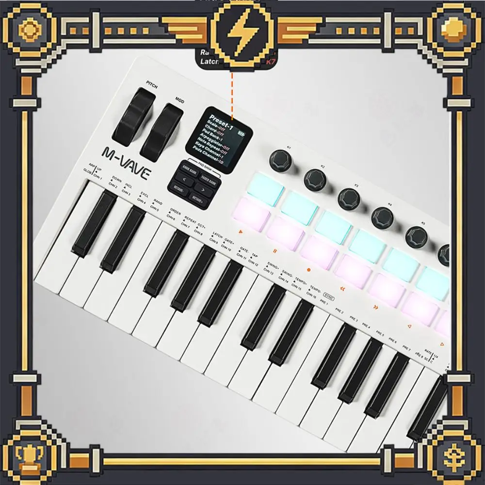 Фото Портативный MIDI-контроллер M-VAVE SMK-37 Pro с 37 клавишами ​   С встроенным синтезатором, 8 регуляторами, 16 RGB-педалями и 37-клавишной панелью для перкуссии. №1