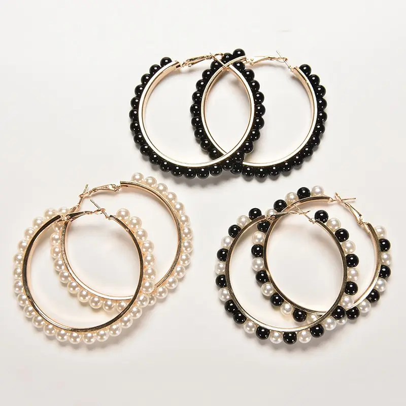 

1 Pair New Stainless Steel Arrival Women Girls Jewelry Hoop Earring Black White Pearl Earring With Pin Big Circle Loop Earrings
