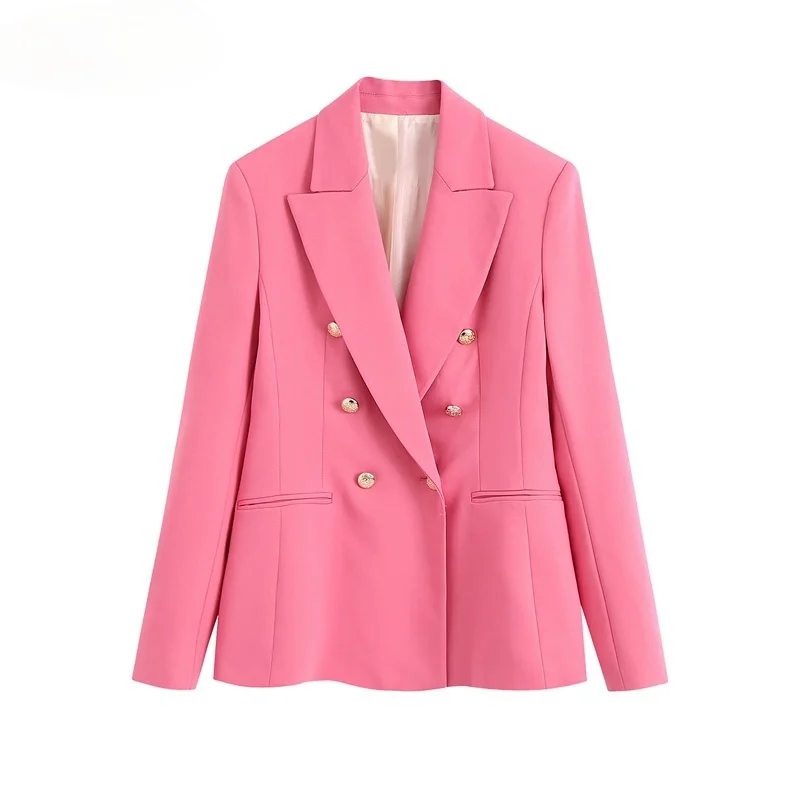 Rose Red Metal Button Blazer Women Solid Colors Double Breasted Casual Office Blazer 2021 Fashion Work Wear Formal Clothing Chic