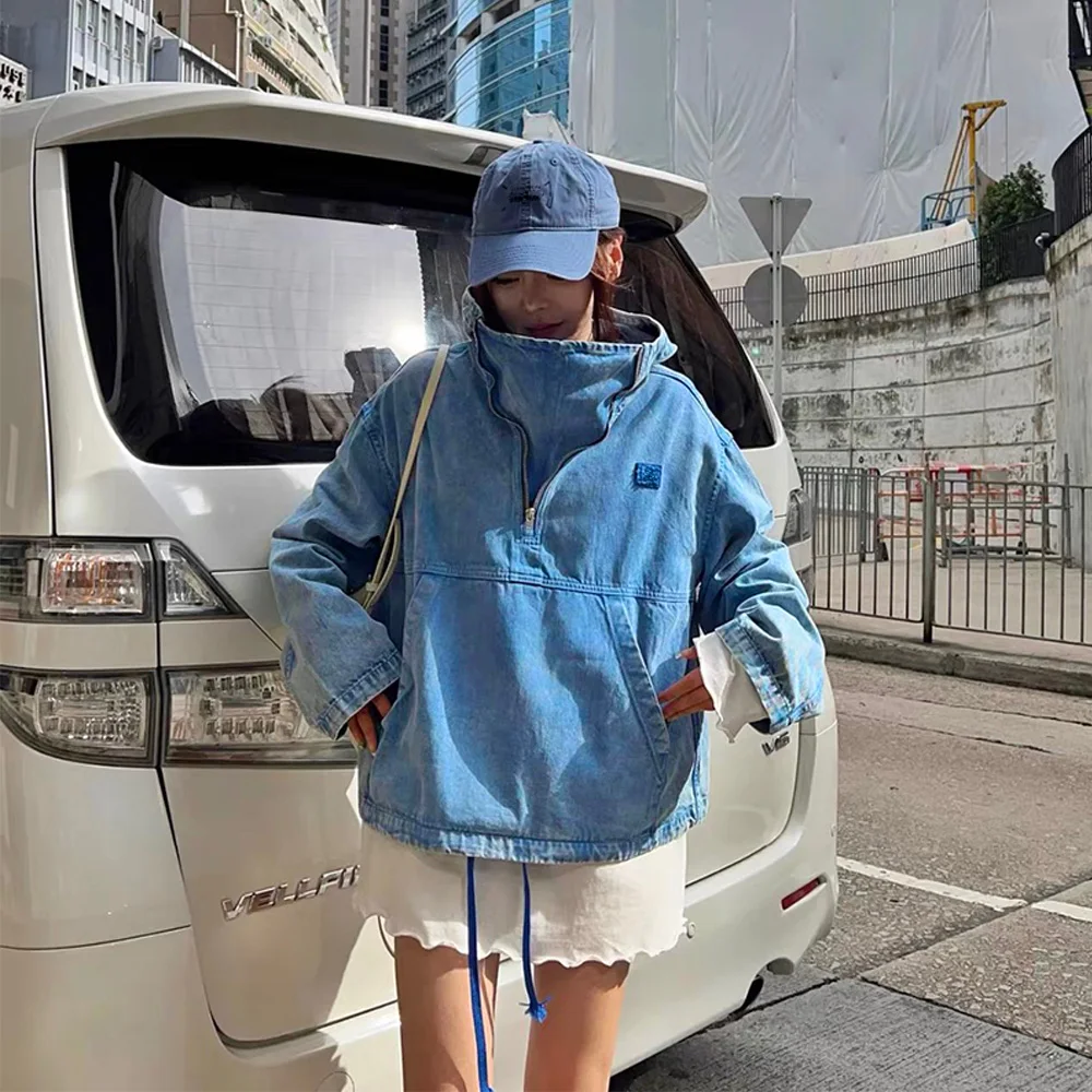 

2023 autumn and winter new niche loose light blue half zip hooded denim sweater jacket