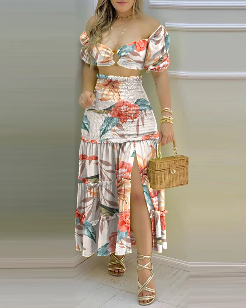 

2022 Summer Fashion Holiday Floral Print O Neck Crop Top Shirr +Slit High Waist Women Maxi Skirt Sets
