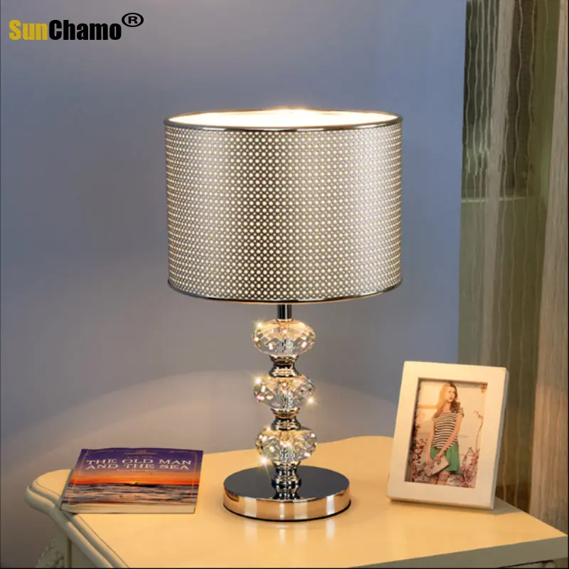 

American Luxury Crystal Gourd Silver Pvc Shade Led Table Lamp Living Room Sofas Bedroom Bedside Study Desktop Decoration Lights