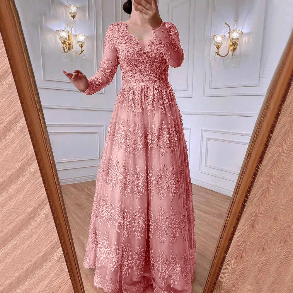 

V-neck Appliques Bridesmaid Dresses Sequined Lace Sleeve Mesh Elegant Woman Fashion Formal Pink Long Cocktail Dresses Gothic