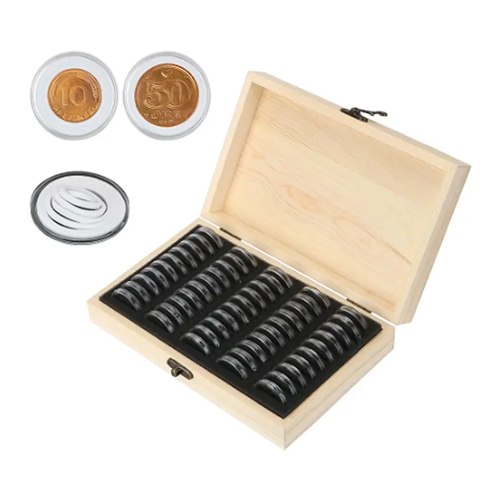 

Coin Storage Box With Adjustment Pad 50PCS Adjustable Wooden Commemorative Coin Collection Case Holder Capsules