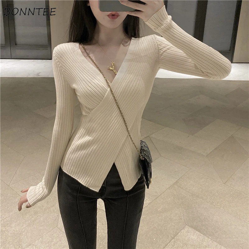 

Pullovers Women Comfort V-Neck Elegant Lady Streetwear All-match Fashion Mujer Cozy New Arrival Ulzzang Gentle Soft Ins Hot Sale