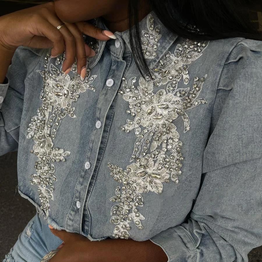 

Short Denim Shirt Female Embroidered Beaded Denim Crop Blue Jean Jackets Studded Jacket Women Coats