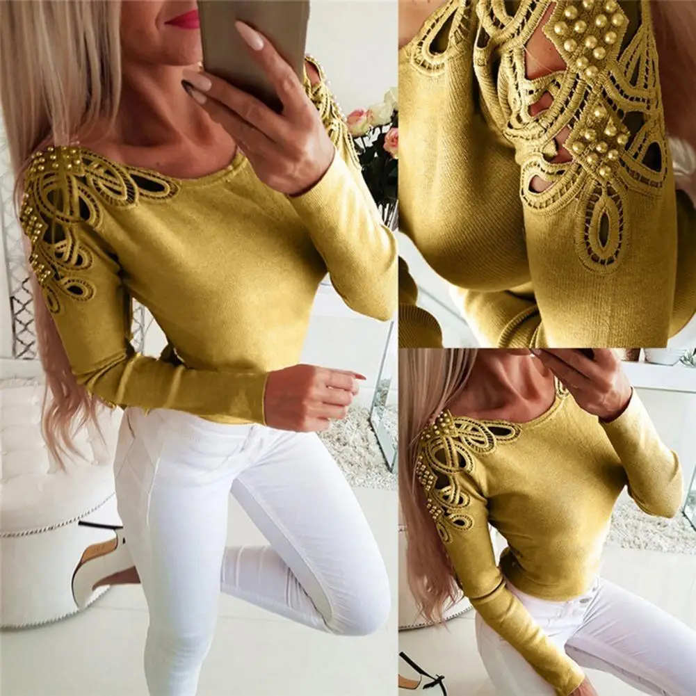 

Autumn New Long Sleeve T-shirt Sexy Hollow Slim Fit Shoulder Pied Lace Women's Top Good Quality T-shirt for Gathering