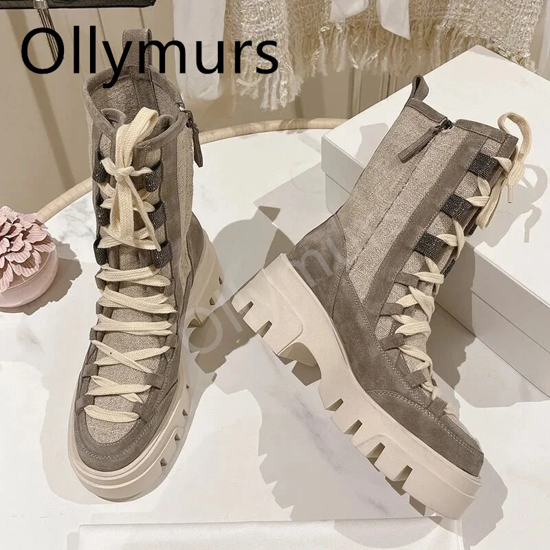 

Shoes For Women Genuine Leather Black Grey Lace Up Designer Shoes Women Luxury 2023 Winter Boots Autumn