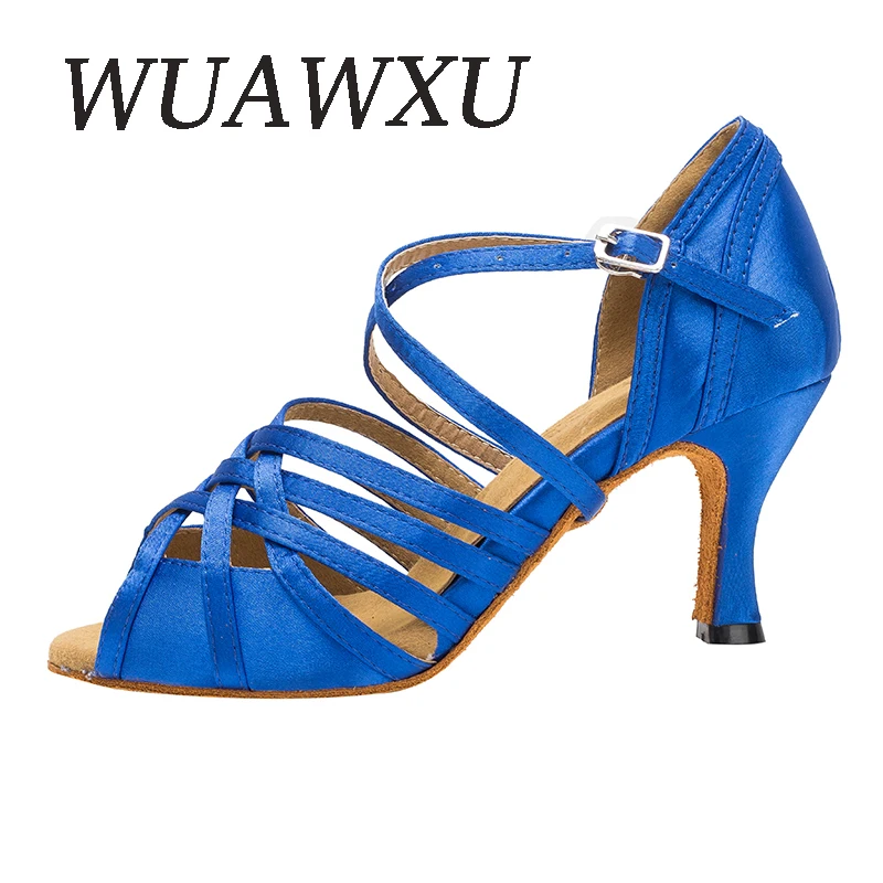 NATASHA2023 Latin Dance Shoes Women's Satin Wine Red 8.5cm Thin Heel Blue 7.5cm Cuban Heel Soft Sole