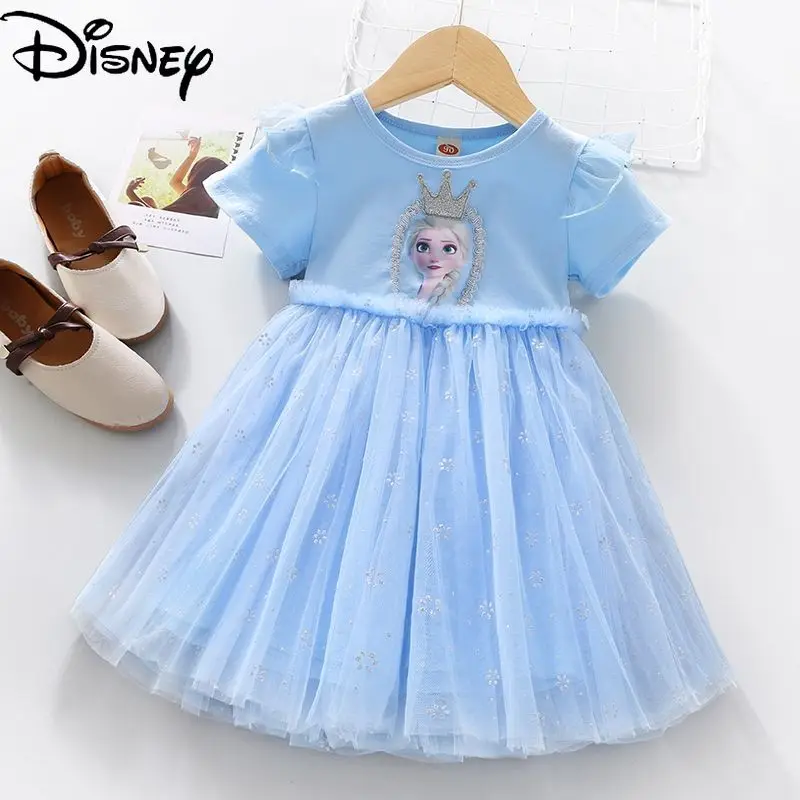 

Disney Princess Elsa Spring Summer Girls Cotton Breathable Stitching Short-sleeved Dress Sweet Mesh Long-sleeved Skirt