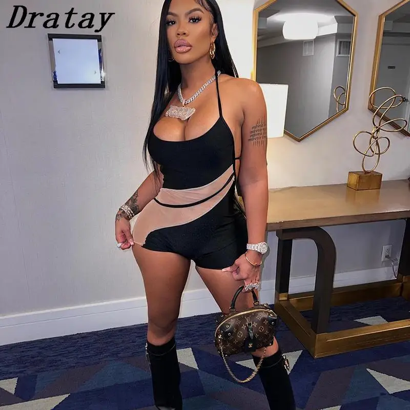 

Dratay 2022 Sexy Black Mesh Patchwork Rompers Womens Bodycon Jumpsuit Halter Backless See Through Playsuits Female One Piece
