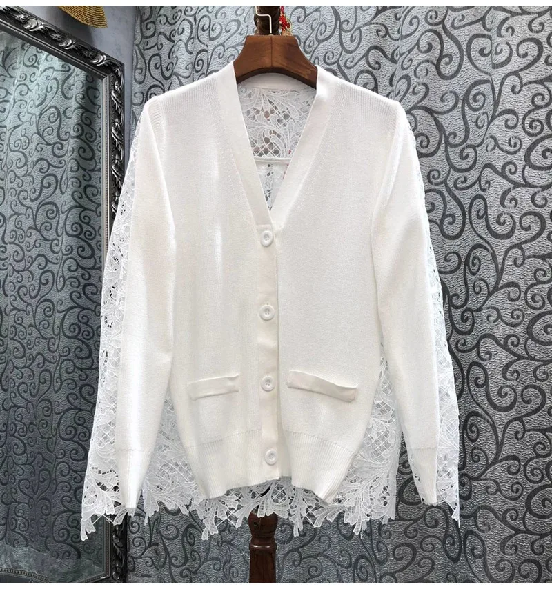High Quality Knitwear Women V-neck Lace Embroidery Patchwork