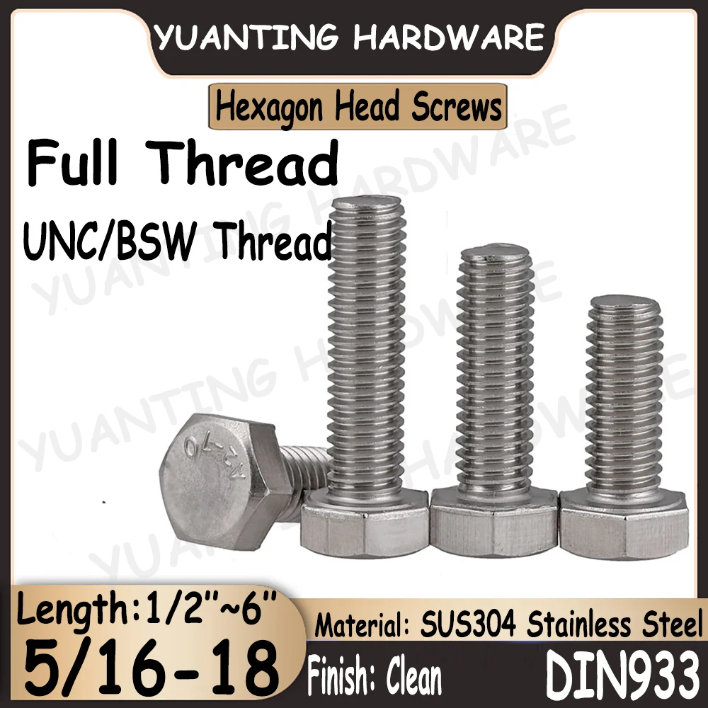 

3Pcs~15Pcs 5/16-18x1/2''~6'' UNC BSW Thread DIN933 SUS304 Stainless Steel Hexagon Head Screws Bolts with Full Thread