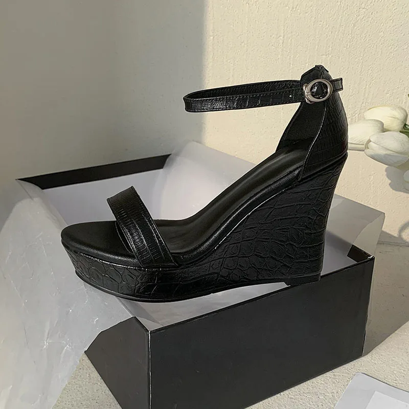 Фото alejka 12CM sandały na koturnie damskie letnie skórzane czarne rzymskie słowo klamra wodoodporne grube dno bardzo wysokie z butami ms peep-toe №4