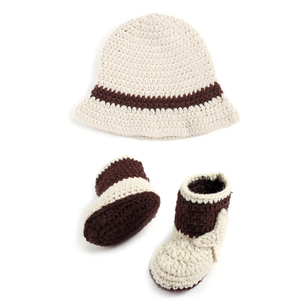 

Lovely Babe Born Accesorios Picture Outfits Crochet Cowboy Hat Shoes Boy / Girl Costume Hat Pants Set Beige