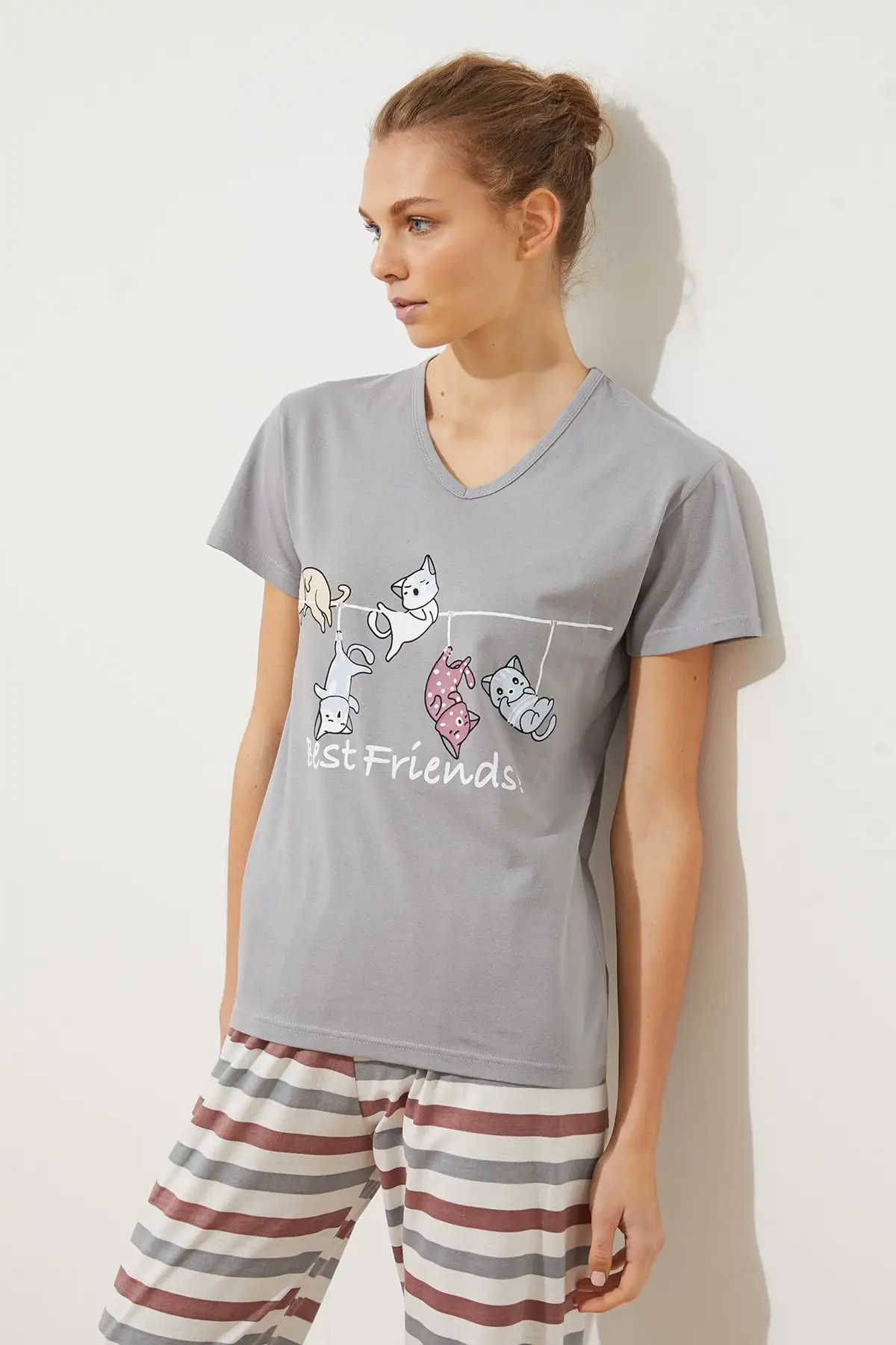 

Women's Pajamas Gray Printed Knitted Sleep Lounge Pajamas Nightwear Sleepwear Night Suit Casual Home Clothing