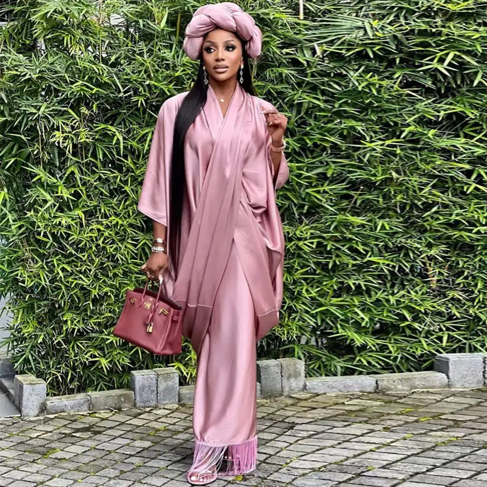 

Muslim Fashion Abaya African Dresses For Women 2 Piece Sets Outfit Front Crossed Tops Spaghetti Tassel Inner Dress Party Gown