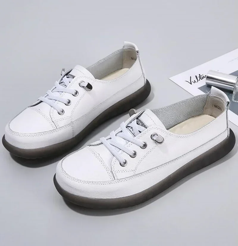 Женские мокасины из натуральной кожи Белые Повседневные туфли на плоской