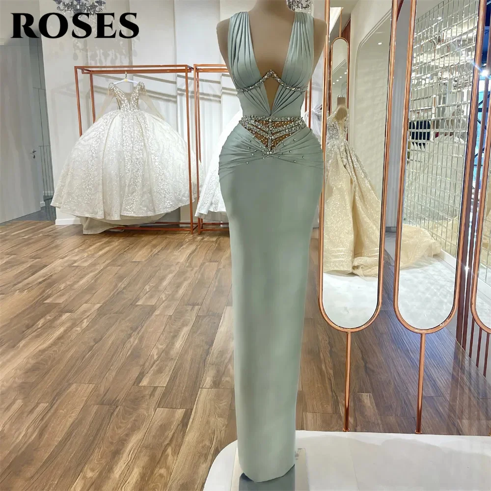 

ROSES Pleated Mermaid Evening Dresses Crystals Shiny Satin V-Neck Formal Prom Dress Saudi Arabia Dubai Celebrity Party Gowns