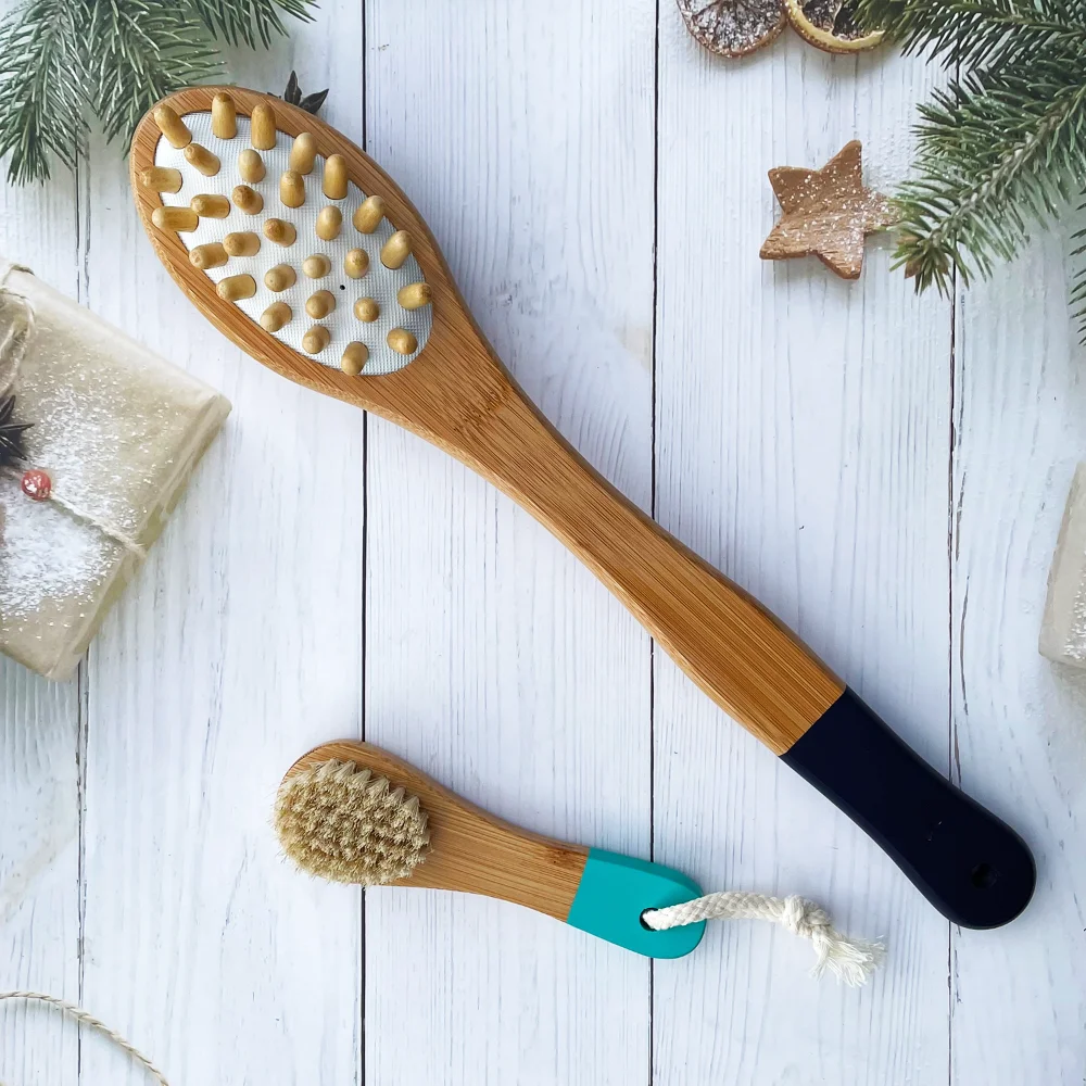 

2 в 1, Бамбуковая щётка для сухого массажа и отшелушивания