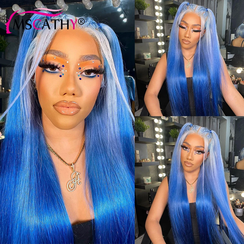 Peluca de cabello humano virgen liso para mujer, postizo de encaje frontal con ombré, color azul, 13x6, HD, transparente, presuerte